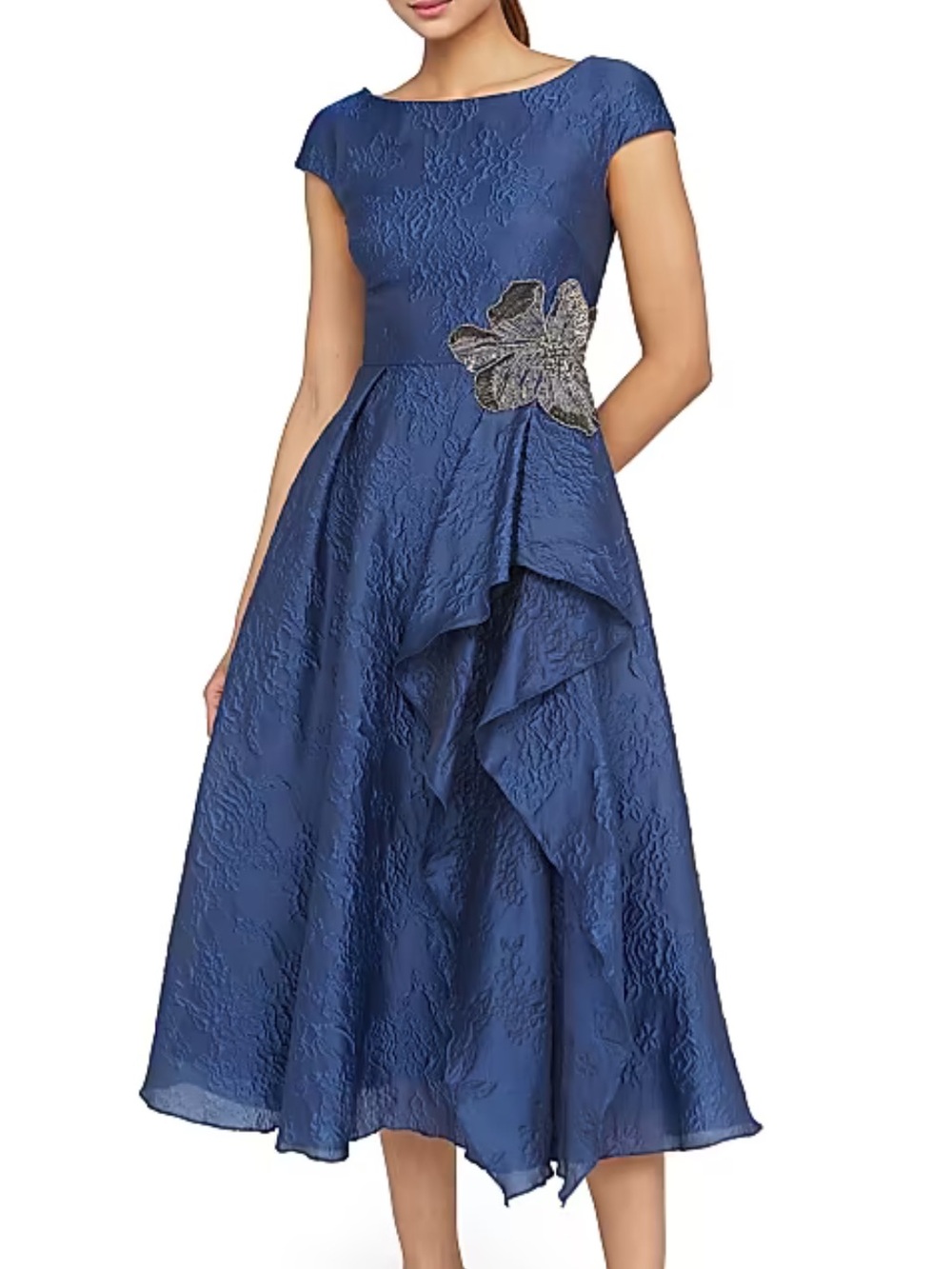 Theia Caity Embellished Jacquard High Low Midi Dress Midnight Blue Size 4 NWT